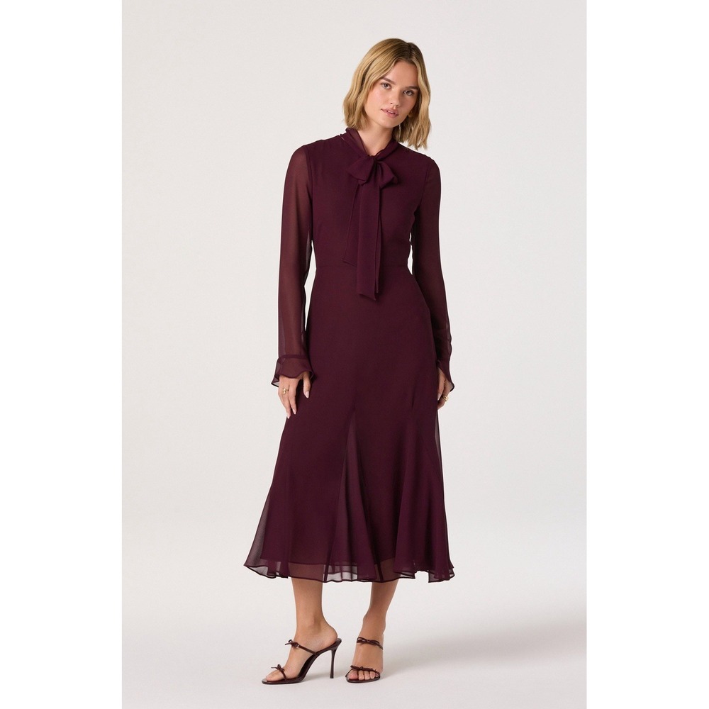 ASTR The Label Tie Neck Midi Dress M Raisin Burgundy Sheer Sleeve Bow Ruffle